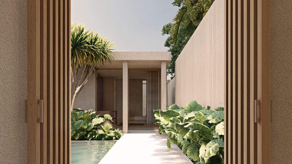 View through timber doors to pool and garden