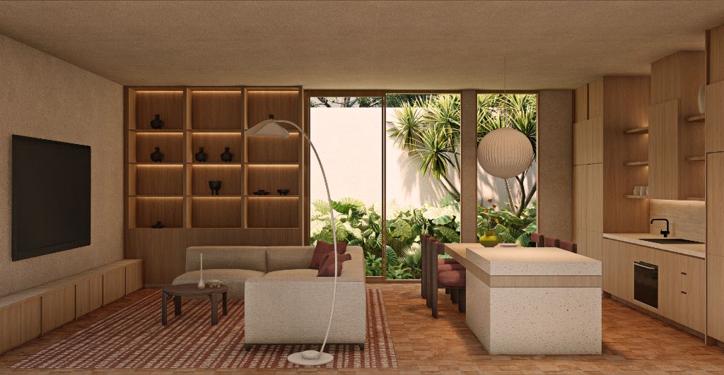 The Courtyard living room looking out to pool