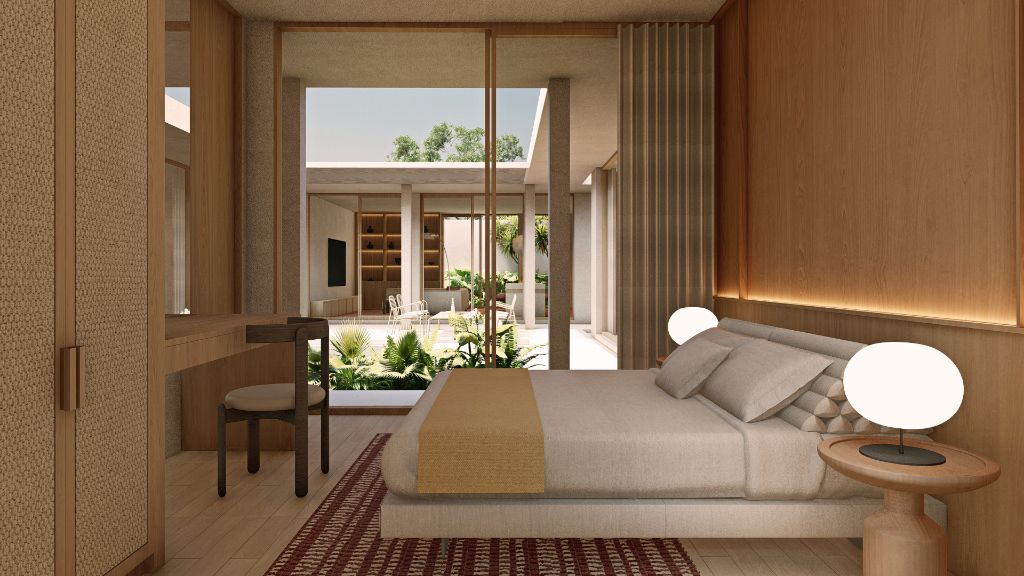 Master bedroom with pool courtyard view