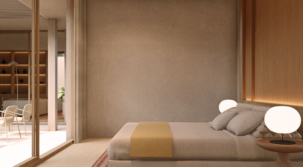 Second bedroom with timber walls and garden outlook
