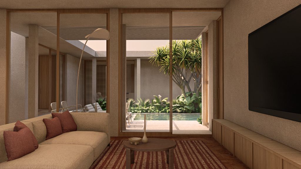 Evening living room with warm lighting