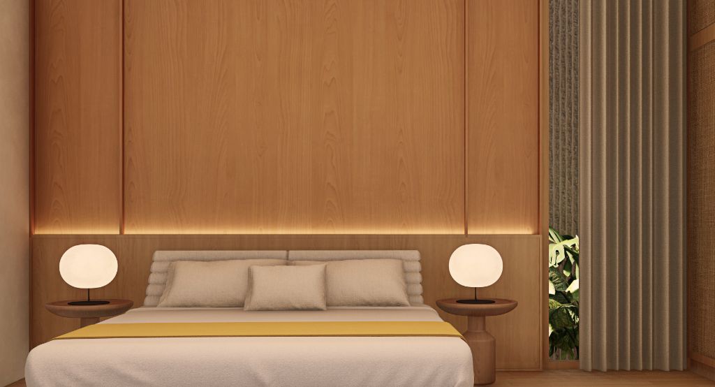 The Gallery master bedroom warm timber headwall