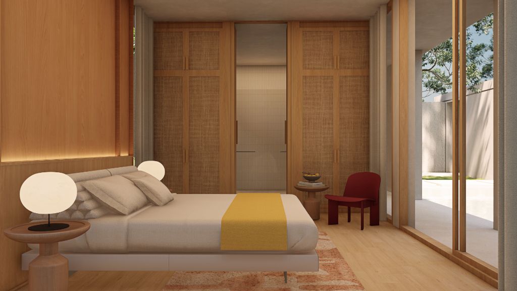 The Gallery bedroom looking out to pool garden