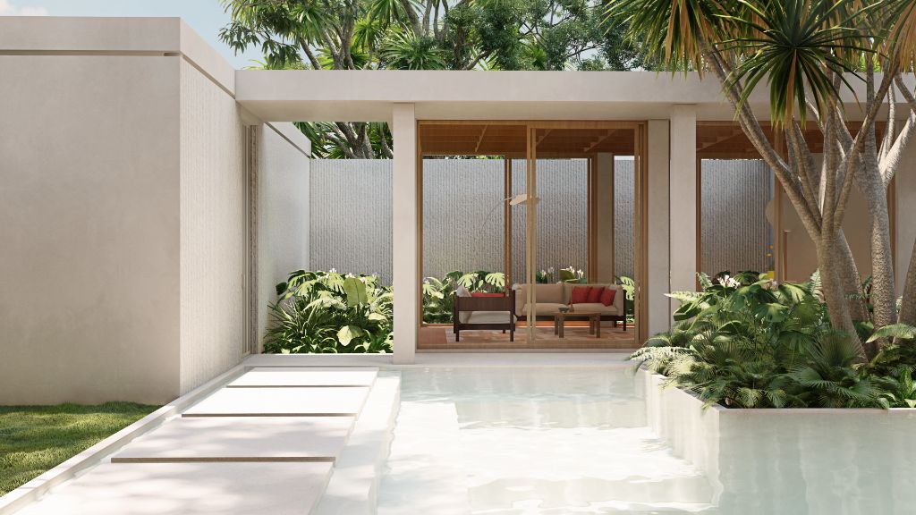 The Gallery poolside with sun lounger and two-storey facade
