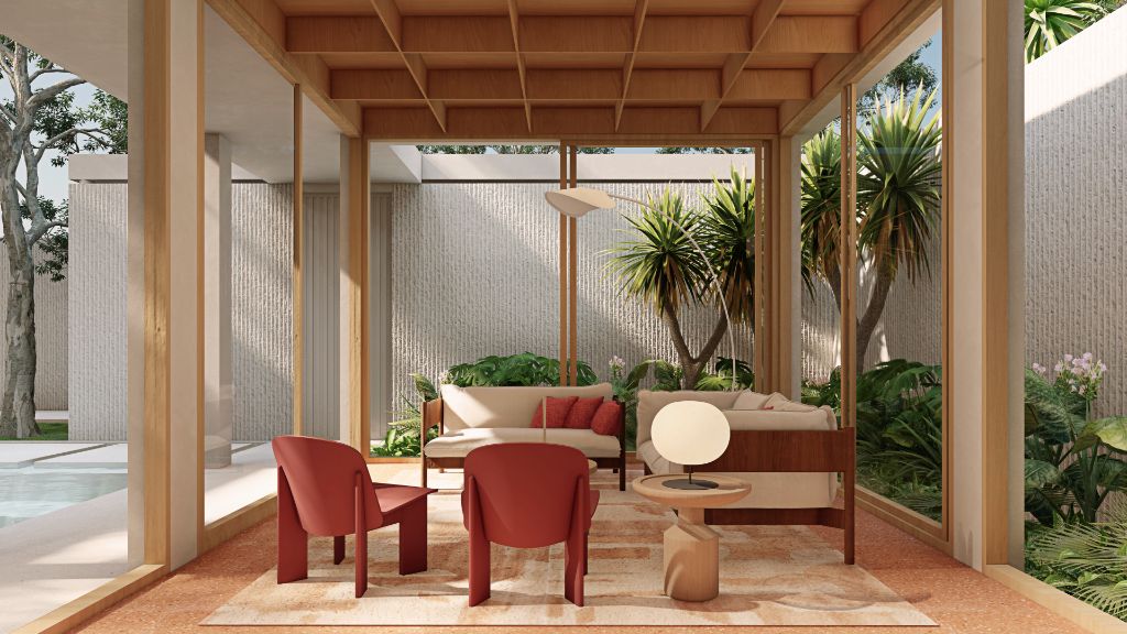 The Gallery open-plan living pavilion with coffered ceiling