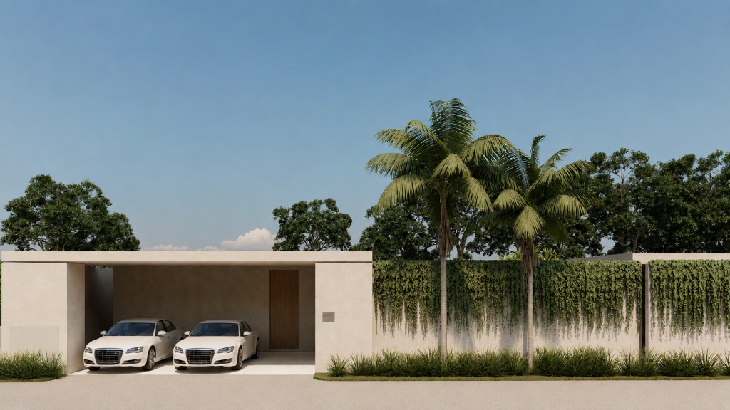 The Terrace front elevation with double garage and palm trees