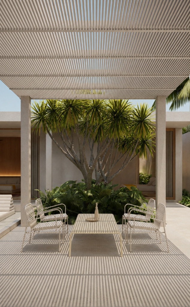 The Terrace covered outdoor dining under slatted pergola