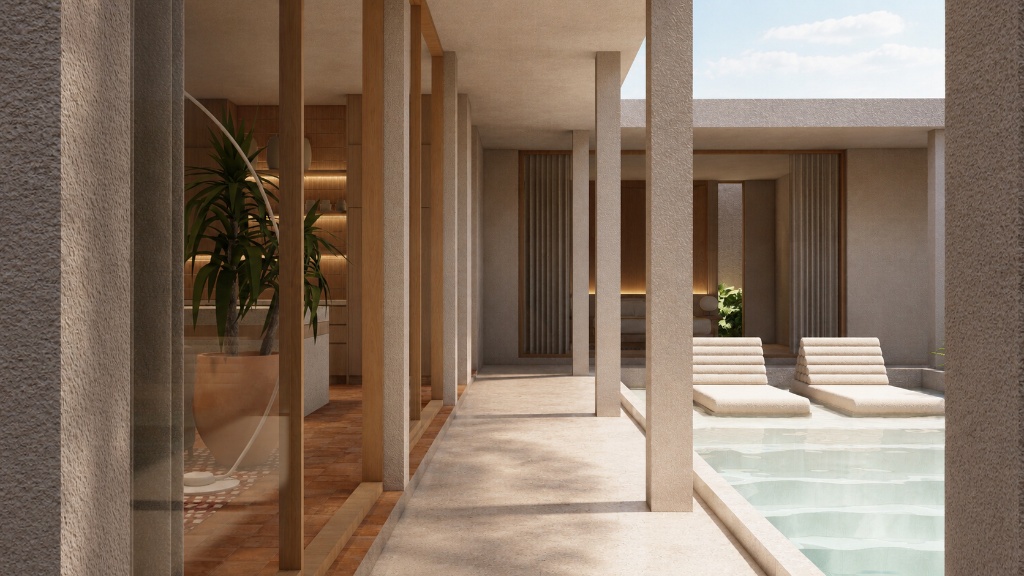 The Terrace colonnaded corridor alongside the pool