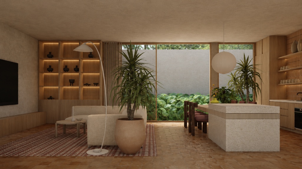 The Terrace kitchen and dining with terrazzo island