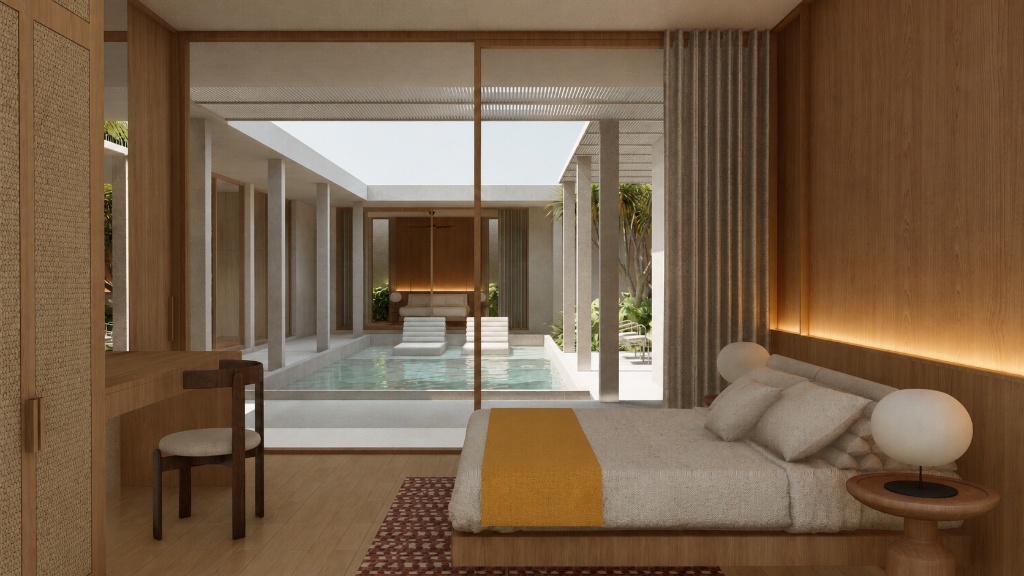 The Terrace primary suite with pool view through full-height glass