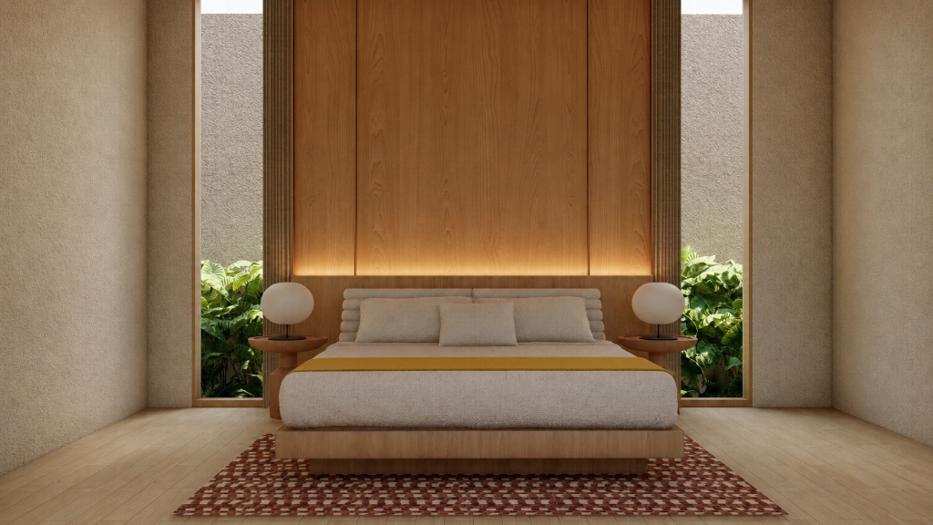 The Terrace primary bedroom with timber headwall