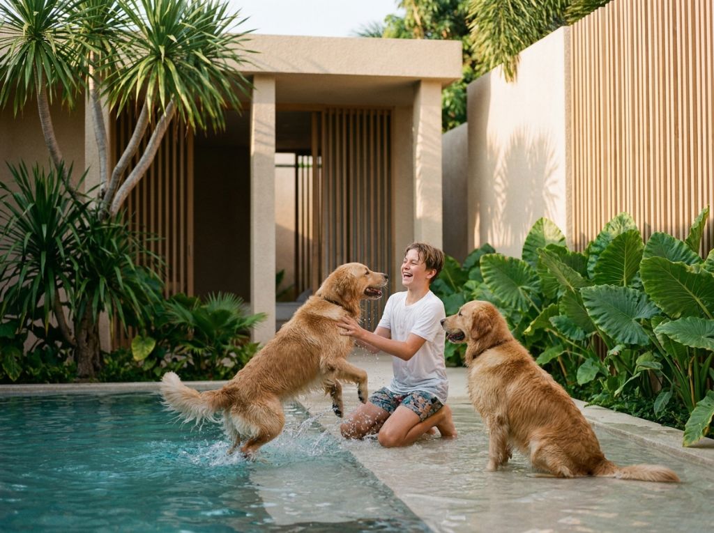 Boy playing with golden retrievers at The Proper Palma private pool