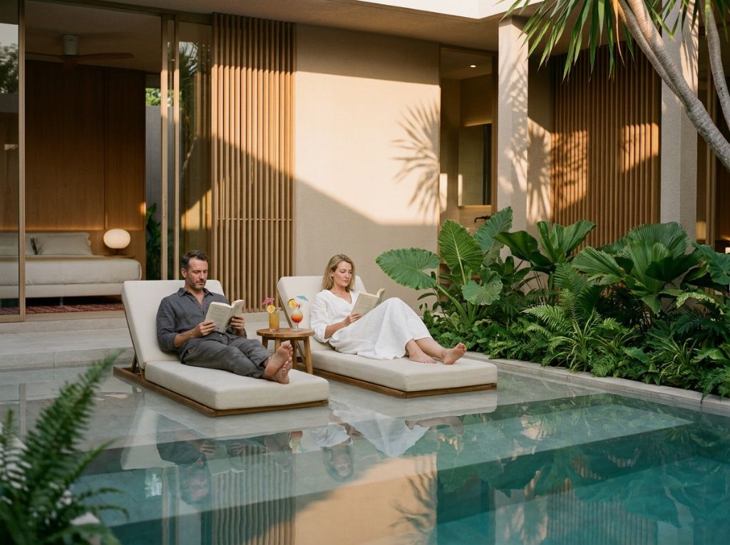 Couple reading on sun loungers beside Palma private pool at golden hour