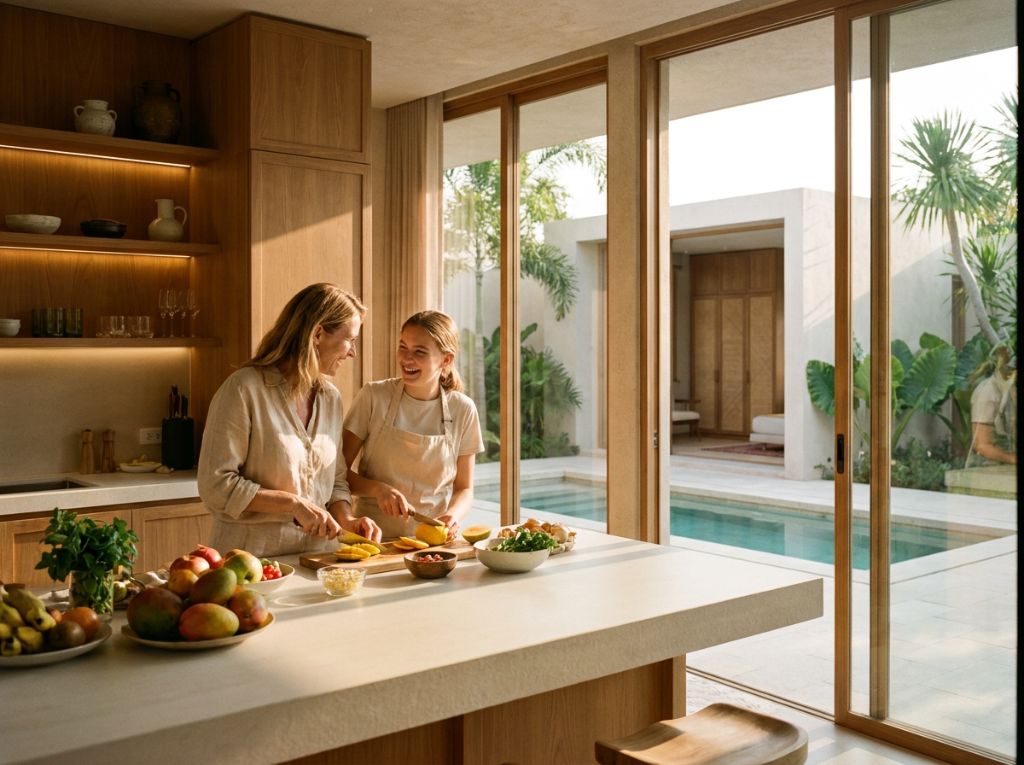 Mother and daughter cooking in The Proper Palma kitchen with pool courtyard view