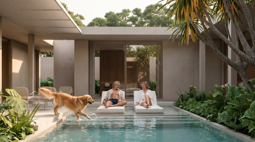The Proper Palma — couple relaxing by private pool with golden retriever