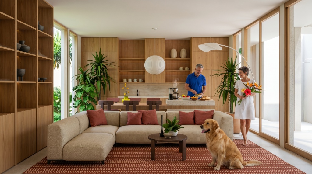 The Proper Palma — open-plan living and kitchen with couple and golden retriever